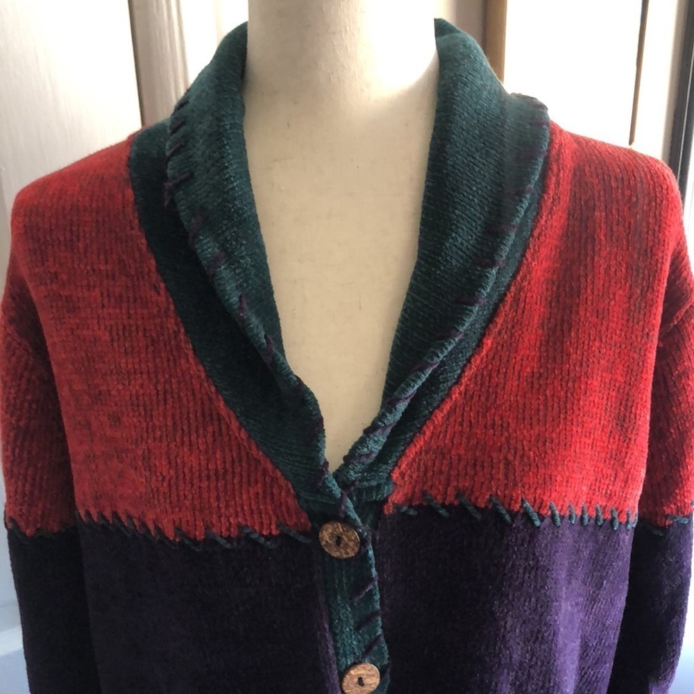 Vintage 90s Studio Works Patchwork Stitch Longline Chenille Knit Cardigan - Picture 4 of 10